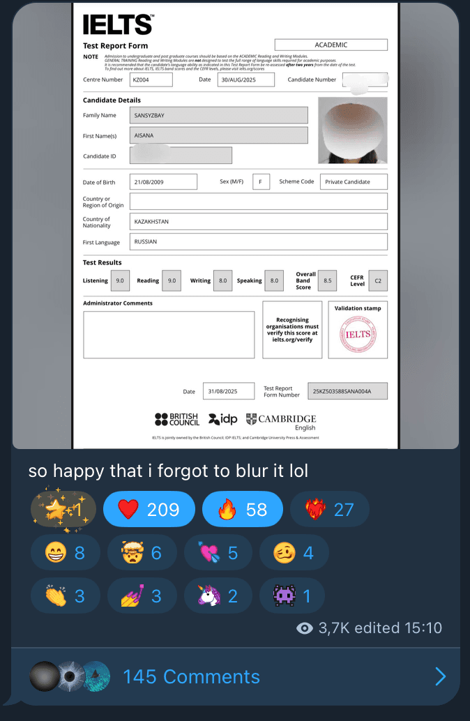 Aisana's IELTS score